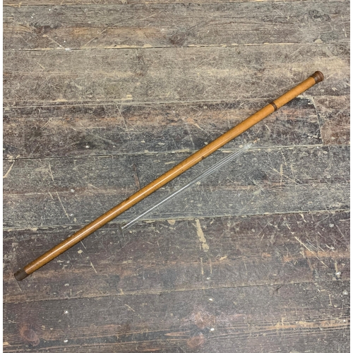 2317 - Antique malacca prohibition walking cane, with screw top and shaft concealing two glass flasks