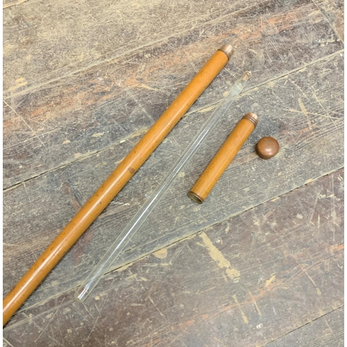 2317 - Antique malacca prohibition walking cane, with screw top and shaft concealing two glass flasks