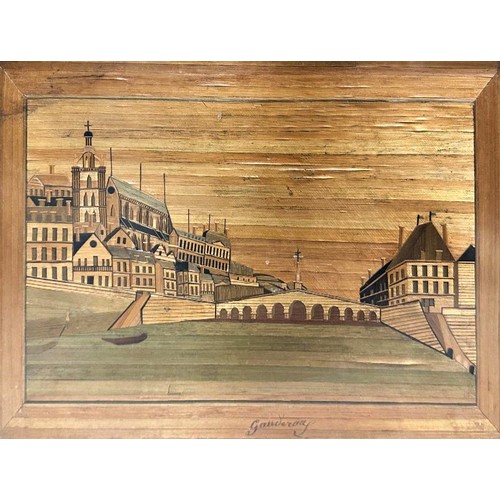 2306 - Early 20th century straw work picture of a canalside town landscape, indistinctly titled, in a walnu... 