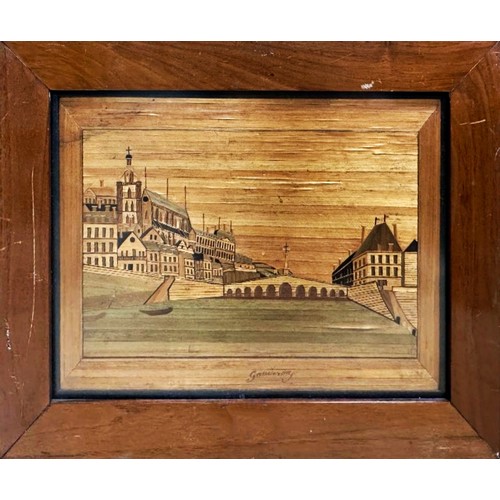 2306 - Early 20th century straw work picture of a canalside town landscape, indistinctly titled, in a walnu... 