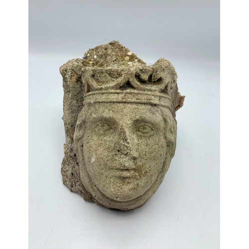 1034 - Antique cast reconstituted stone head of a maiden, 20cm high