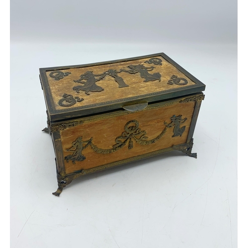 2305 - 19th century French silkwork box with applied gilt metal maidens and wreaths etc, 10cm high x 17cm w... 