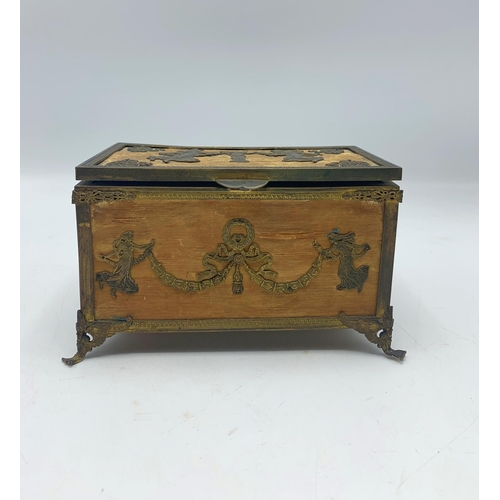 2305 - 19th century French silkwork box with applied gilt metal maidens and wreaths etc, 10cm high x 17cm w... 