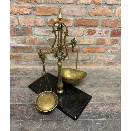 2402 - Good quality 19th century brass weighing scales, on painted moulded wooden plinth base, 67cm high