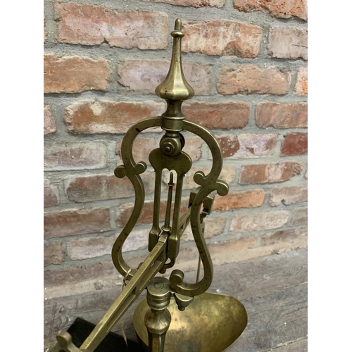 2402 - Good quality 19th century brass weighing scales, on painted moulded wooden plinth base, 67cm high