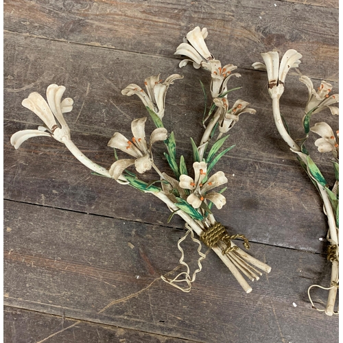 1089 - Set of three good antique French wirework twin branch wall lights, modelled as tied bouquets, with o... 