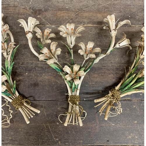 1089 - Set of three good antique French wirework twin branch wall lights, modelled as tied bouquets, with o... 