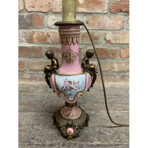 1116 - 19th century Sevres style lamp, converted to electricity, with twin ormolu cherubs and hand painted ... 