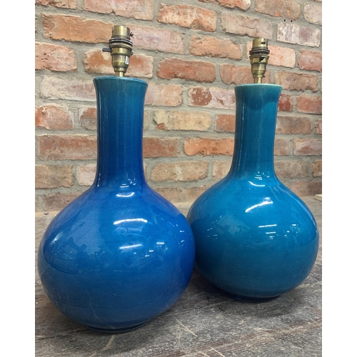 1118 - Pair of turquoise glazed porcelain bottle neck table lamps, 40cm high (2)