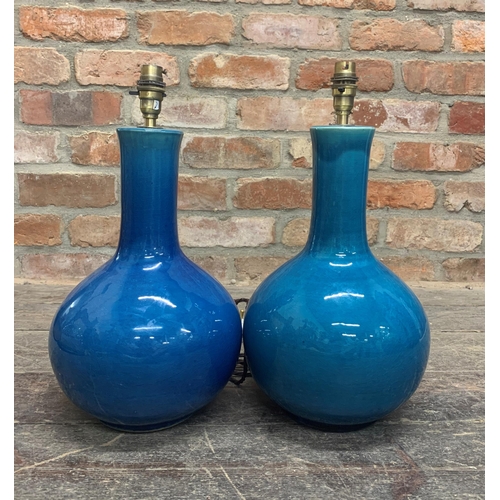 1118 - Pair of turquoise glazed porcelain bottle neck table lamps, 40cm high (2)