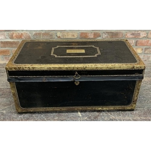 1288 - Leather wrapped & brass studded Campaign travel trunk. With brass plaque for Colonel Derville to top... 