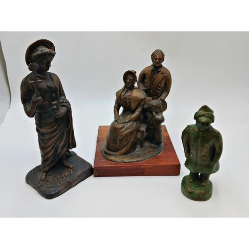 2399 - Three mid century bronze sculptures by Arthur Billing, comprising Saint Alban, Sveik and a family po... 