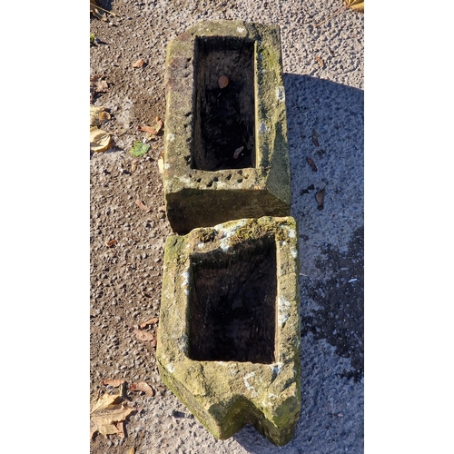 1041 - Two small weathered natural stone troughs, H 15cm x W 47cm x D 25cm, H 15cm x W 41cm x D 26cm (2)