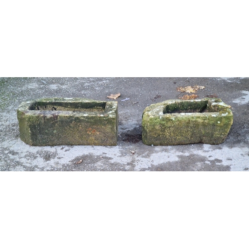 1041 - Two small weathered natural stone troughs, H 15cm x W 47cm x D 25cm, H 15cm x W 41cm x D 26cm (2)