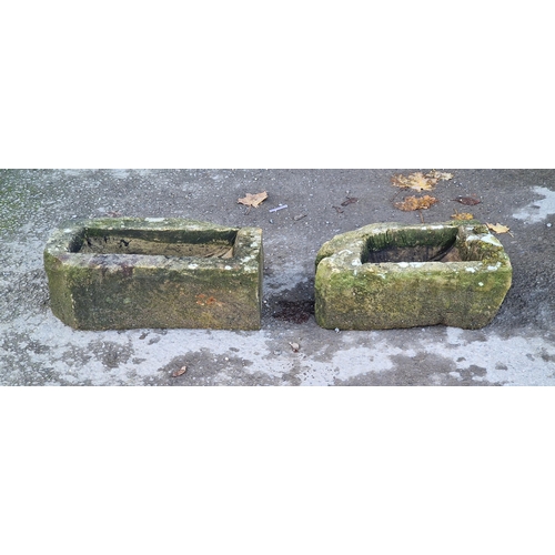 1041 - Two small weathered natural stone troughs, H 15cm x W 47cm x D 25cm, H 15cm x W 41cm x D 26cm (2)