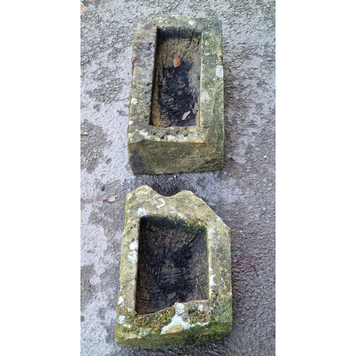 1041 - Two small weathered natural stone troughs, H 15cm x W 47cm x D 25cm, H 15cm x W 41cm x D 26cm (2)