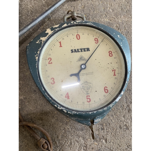 1018 - Large vintage industrial hanging Salter Thermoscale, reclaimed from a London fishmongers, with tray ... 