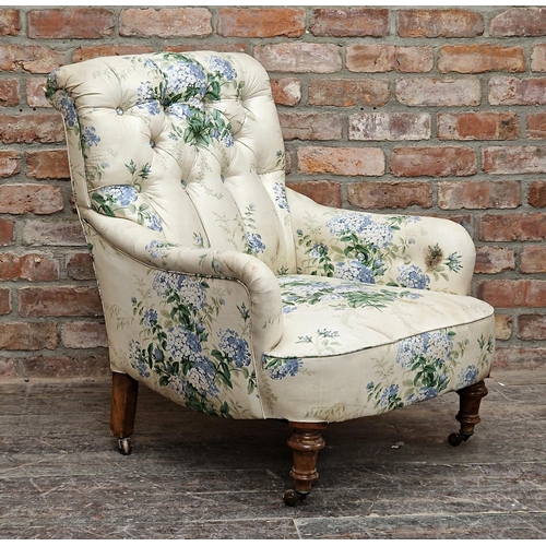 1346 - Victorian upholstered button back armchair by Cornelius V Smith on turned front legs, H 87cm