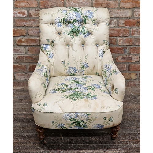 1346 - Victorian upholstered button back armchair by Cornelius V Smith on turned front legs, H 87cm