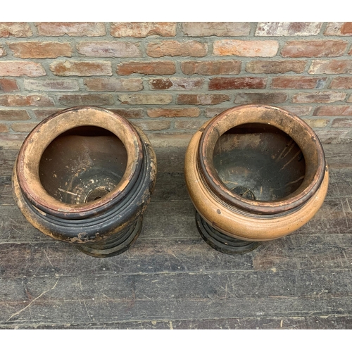 1027 - Pair of mid 19th century Italian glazed terracotta urns, 60cm high x 46cm diameter (2)