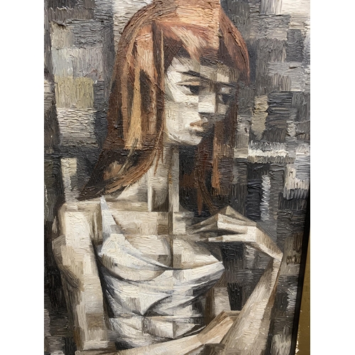 1178 - G* E* Ball (20th century) - cubist portrait of a standing lady, signed, oil on board, 59 x 23cm, fra... 