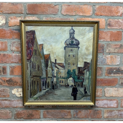 1393 - Herman Fricke (1886-1996) - continental townscape, signed, oil on canvas laid on board, 57 x 48cm, f... 