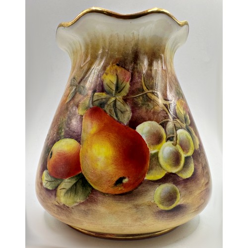 2226 - Royal Worcester hand painted porcelain posy vase by P M Platt, fruits in a grotto setting, gilt bord... 