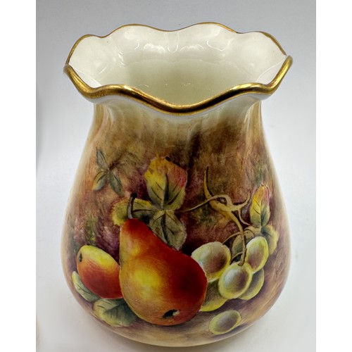 2226 - Royal Worcester hand painted porcelain posy vase by P M Platt, fruits in a grotto setting, gilt bord... 