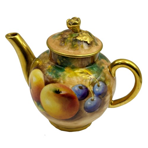 2227 - Royal Worcester hand painted miniature teapot by Frank Roberts, fruits in a grotto setting, gilt hig... 