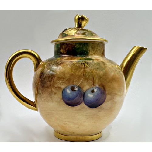 2227 - Royal Worcester hand painted miniature teapot by Frank Roberts, fruits in a grotto setting, gilt hig... 