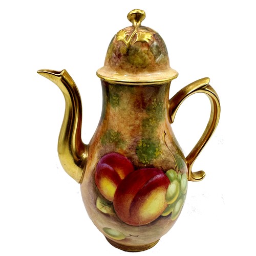 2228 - Royal Worcester hand painted miniature coffee pot by Frank Roberts, fruits in a grotto setting, gilt... 