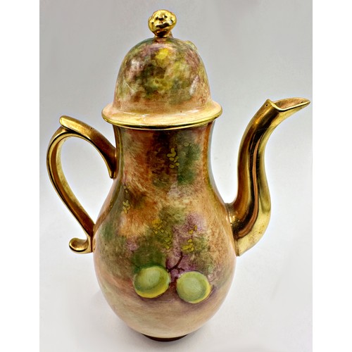 2228 - Royal Worcester hand painted miniature coffee pot by Frank Roberts, fruits in a grotto setting, gilt... 