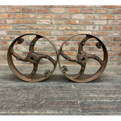 1099 - Pair of impressive industrial iron wheels, converted into a steampunk ceiling light, 61cm diameter