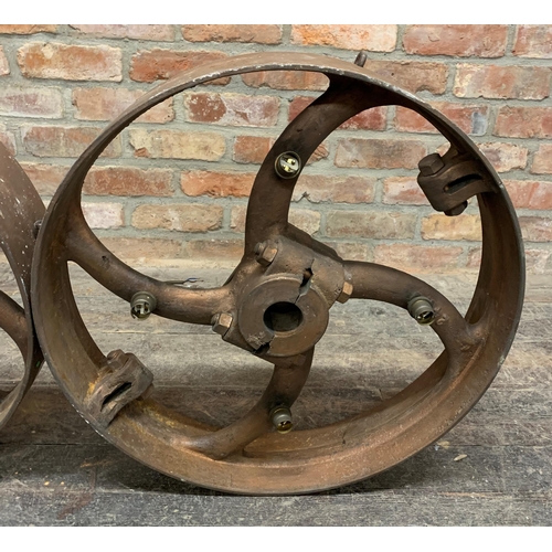 1099 - Pair of impressive industrial iron wheels, converted into a steampunk ceiling light, 61cm diameter