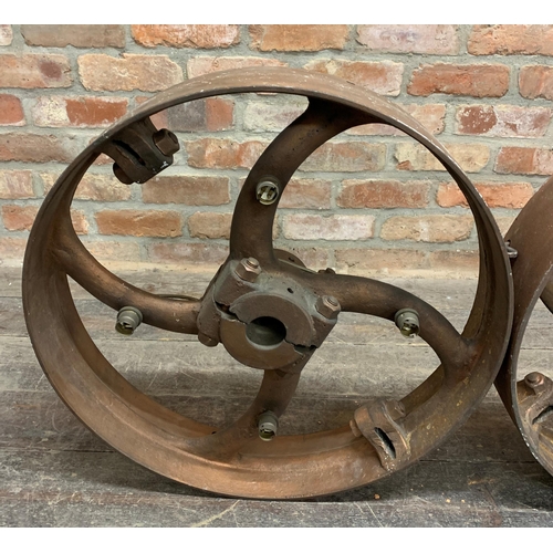 1099 - Pair of impressive industrial iron wheels, converted into a steampunk ceiling light, 61cm diameter