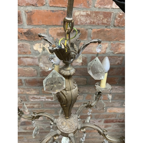 1110 - Antique gilt cast metal six branch chandelier, with prismatic glass droplets, 54cm diameter