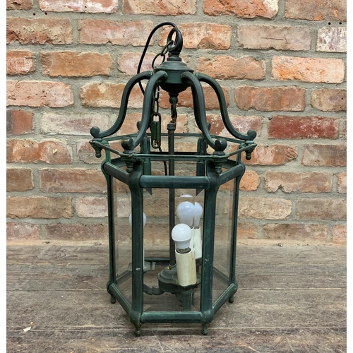 1112 - Good quality patinated bronze and glass hall lantern, hexagonal form, 65cm high