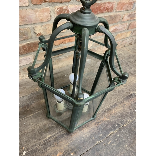 1112 - Good quality patinated bronze and glass hall lantern, hexagonal form, 65cm high