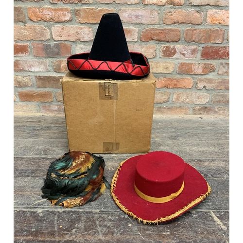 1425 - Two Dunn & Co Mexican and Spanish style hats to include box with a further Pheasant feather Art Deco... 