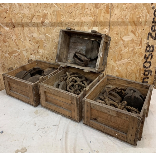 2360 - Collection Of Industrial Rope & Pulleys Held In Vintage Wooden Crates.