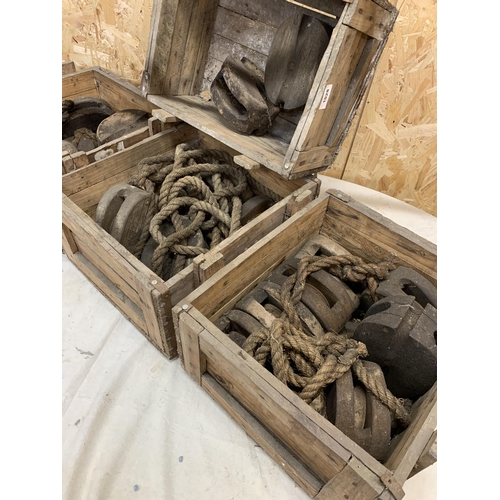 2360 - Collection Of Industrial Rope & Pulleys Held In Vintage Wooden Crates.