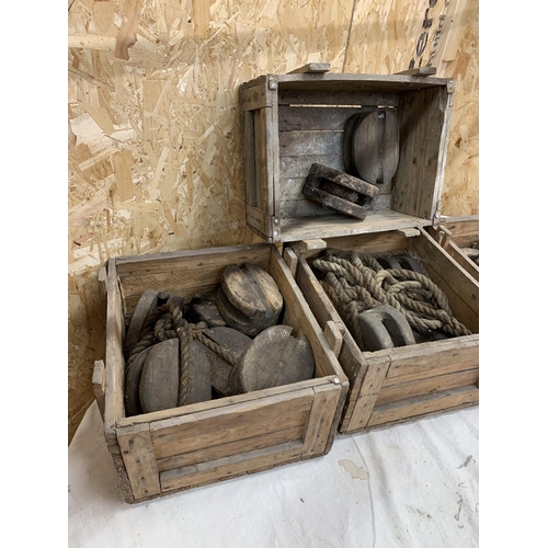 2360 - Collection Of Industrial Rope & Pulleys Held In Vintage Wooden Crates.