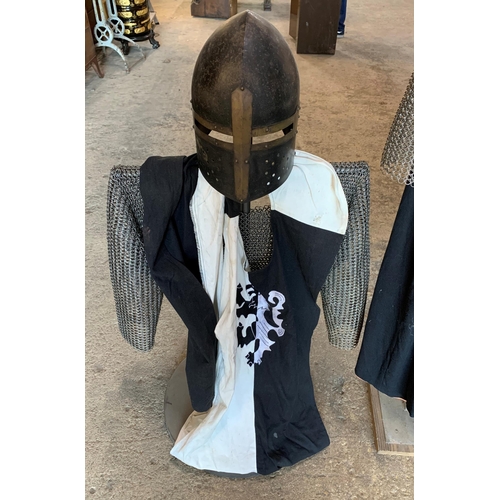 2365 - Three sets of medieval knight chainmail armour, with helmets and breast plates, on bespoke mannequin... 