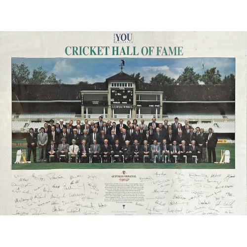 266 - Sports Interest - Large Cricket Hall Of Fame Signed Team Photo. A collection of signatures from 66 o... 