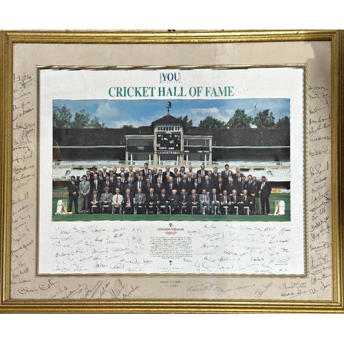 266 - Sports Interest - Large Cricket Hall Of Fame Signed Team Photo. A collection of signatures from 66 o... 