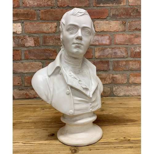 2443 - white plaster bust of Robert Burns on turned socle base, H 40cm