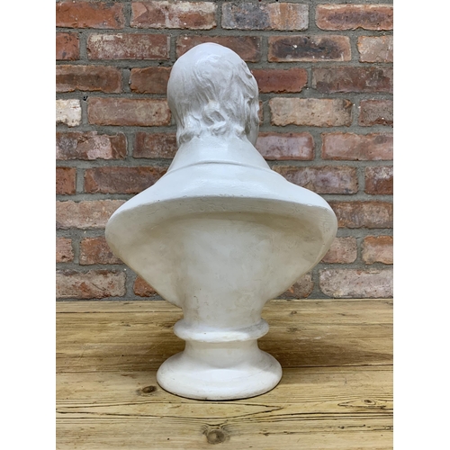 2443 - white plaster bust of Robert Burns on turned socle base, H 40cm