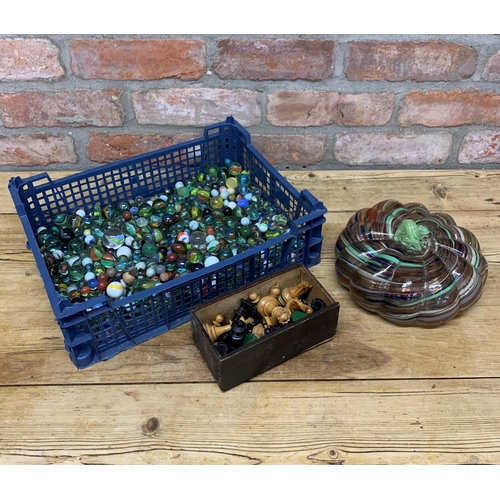 2445 - Large assortment of vintage marbles with a well carved weighted ebony chess set an a further Murano ... 