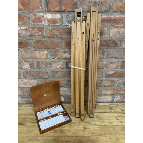 2448 - Pair of wooden artist easels with Rowney watercolour paints in original box