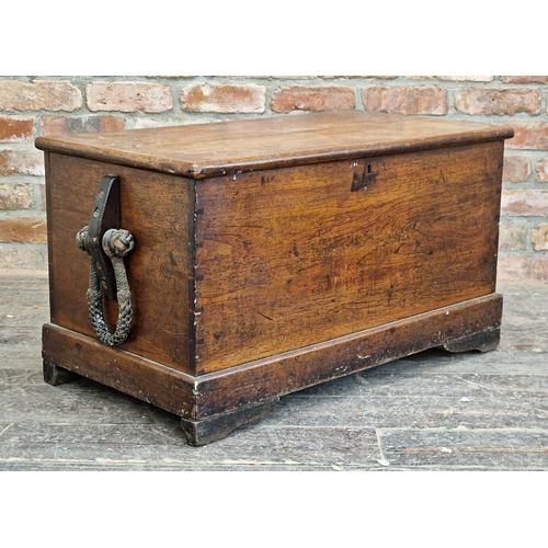 1244 - 19th century teak sea chest with hinged lid and rope handles (missing one), raised on bracket feet, ... 